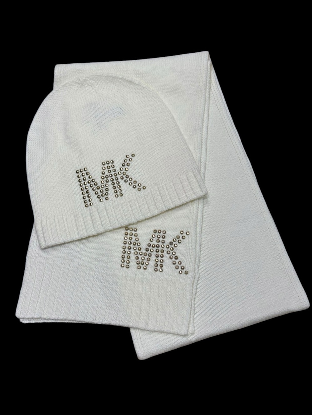 Michael Kors Off White Cream Hat & Scarf Set gold Stud Logo Beanie Winter Fall